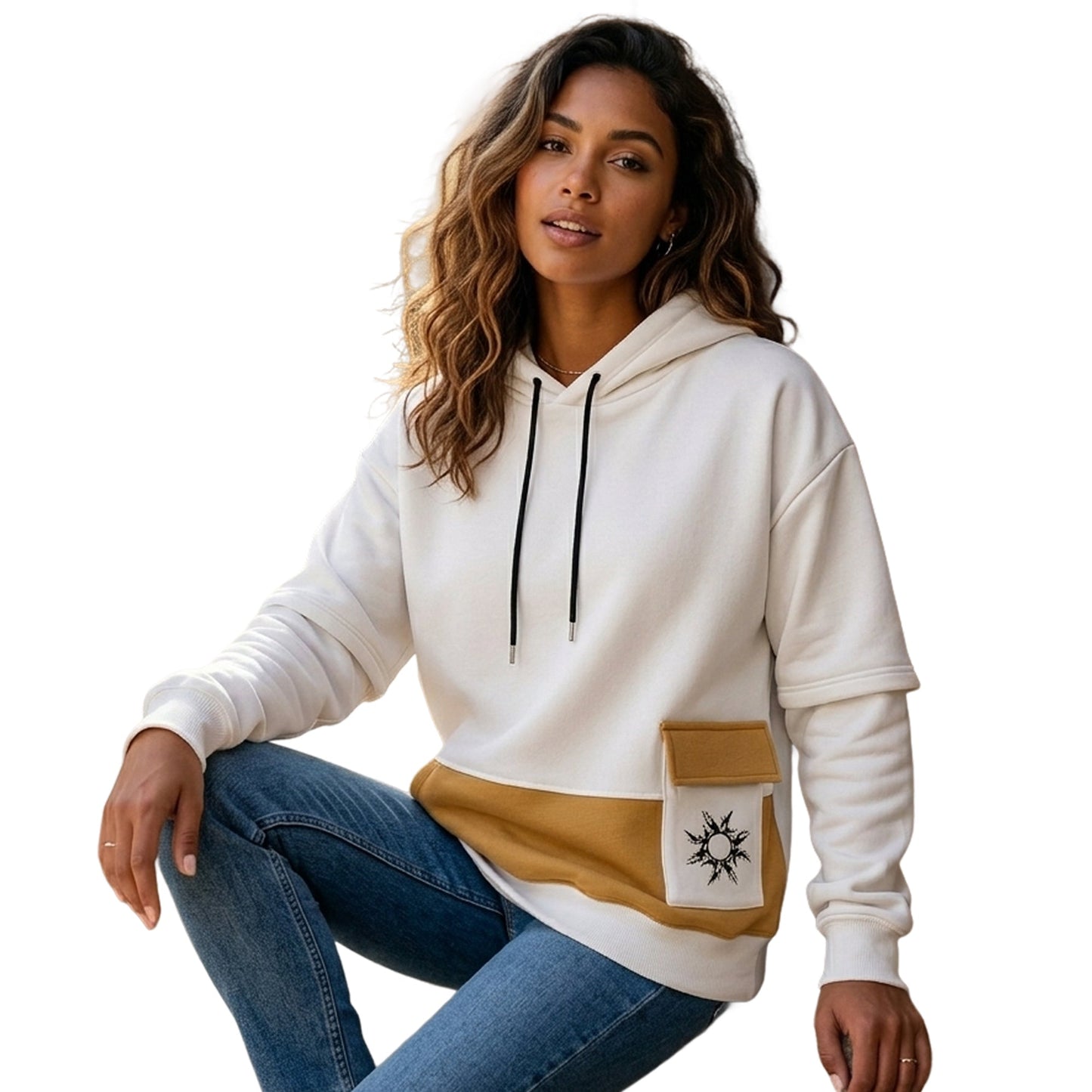 Women's Colorblock Ivory Mustard Oversized Hoodie